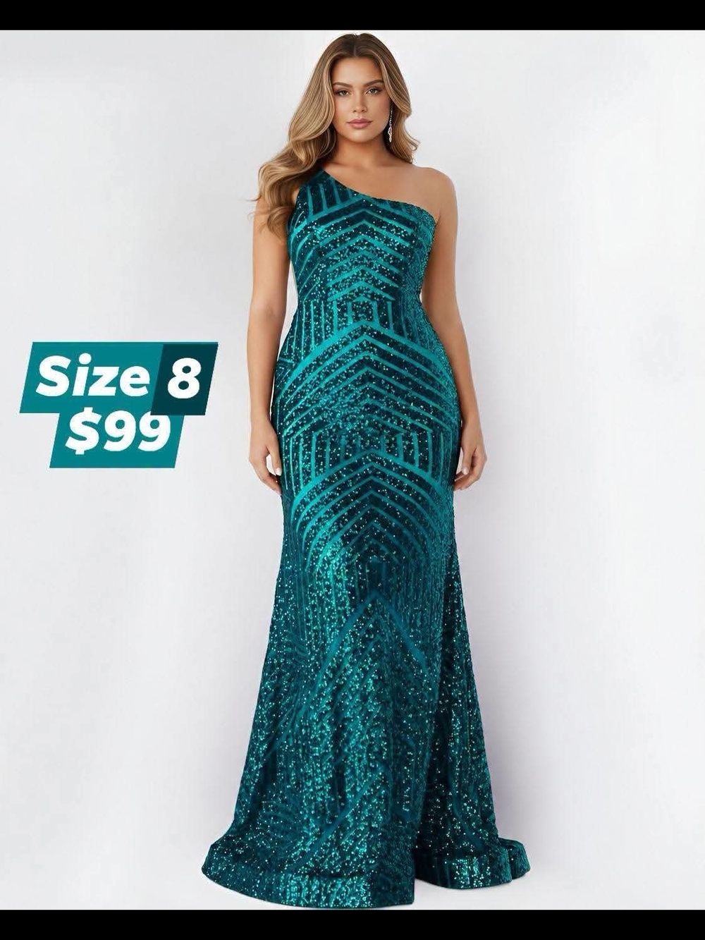 Jovani Teal One-Shoulder Sequin Gown